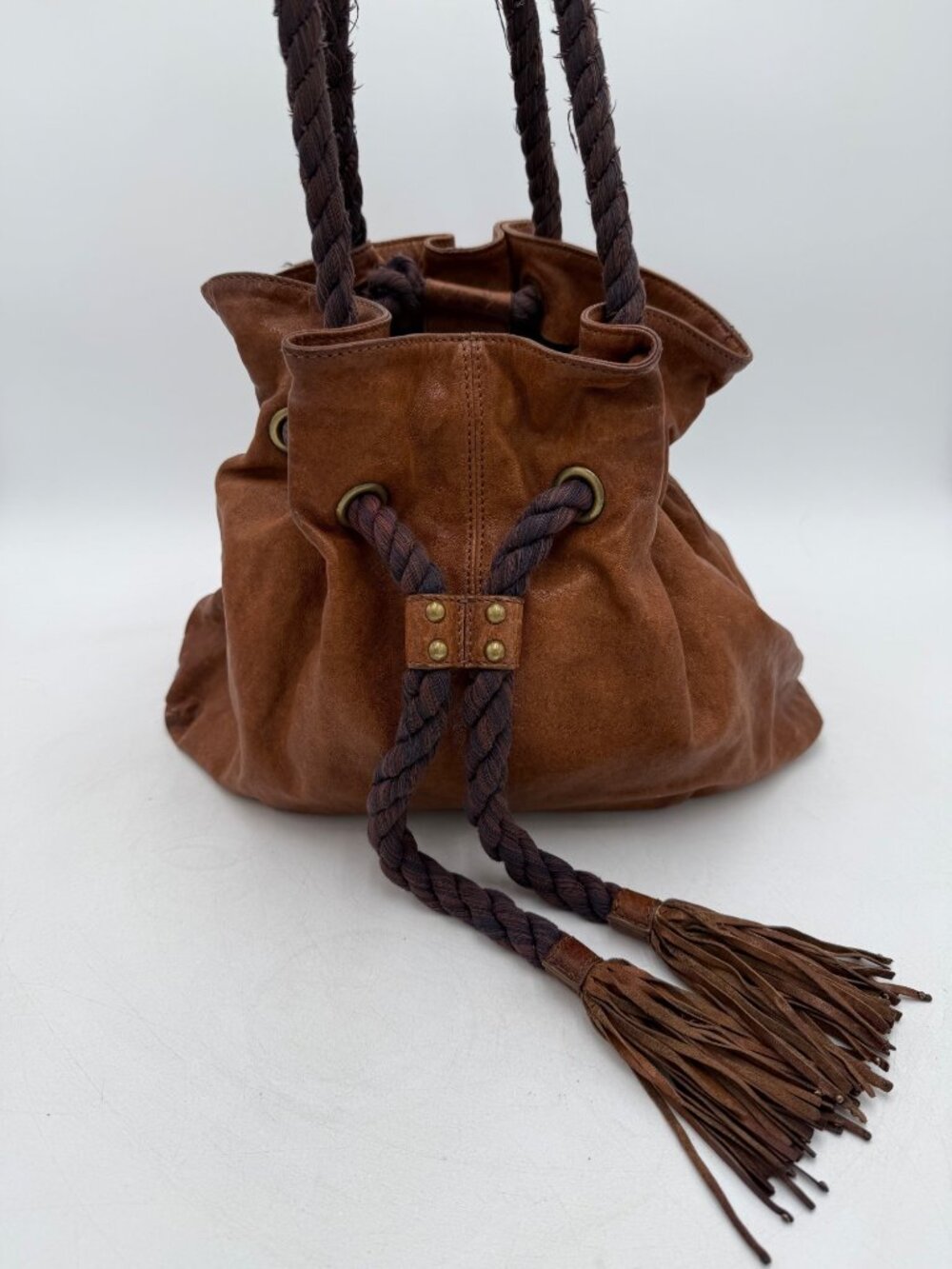 Lucky Brand Brown Leather Drawstring Bucket Bag Boho Slouchy Braided Rope Handle